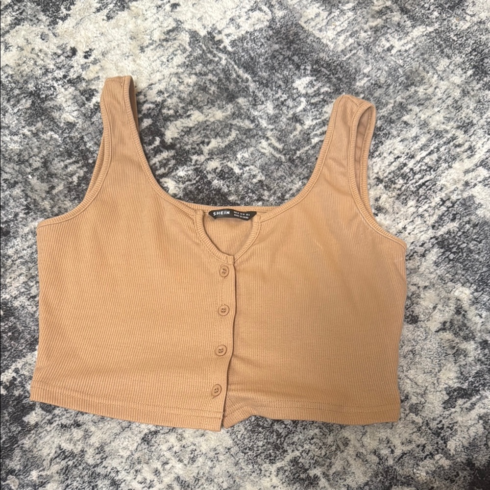 Shein Tan Ribbed Button-Up Crop Top